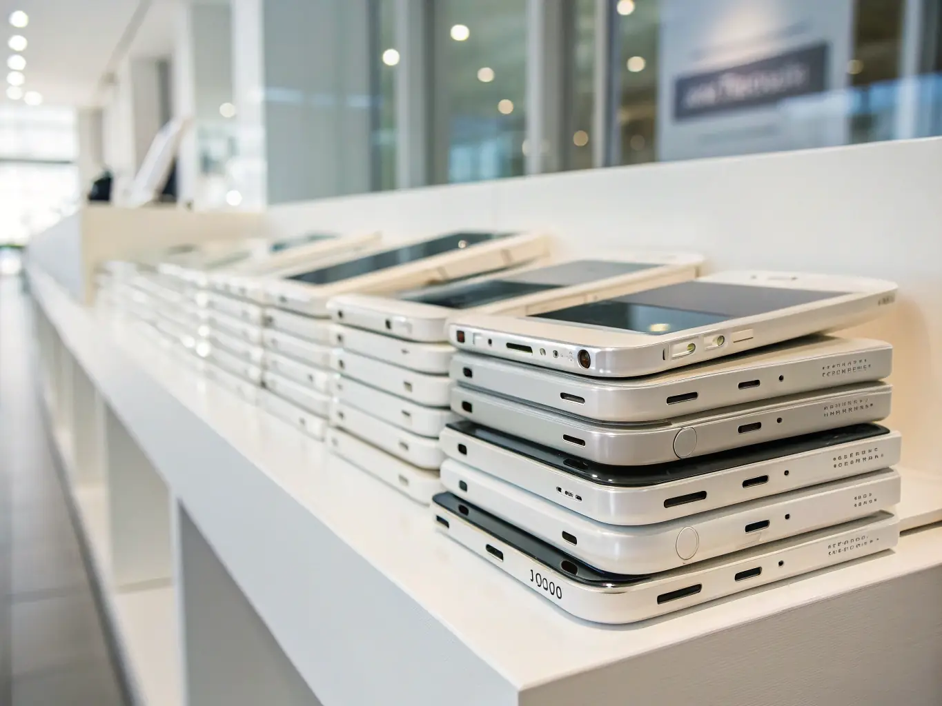 A professional photo showcasing a neatly organized warehouse shelf filled with various refurbished iPhones in protective cases, ready for shipment. The lighting is bright and clean, emphasizing the quality and care taken in handling the devices.